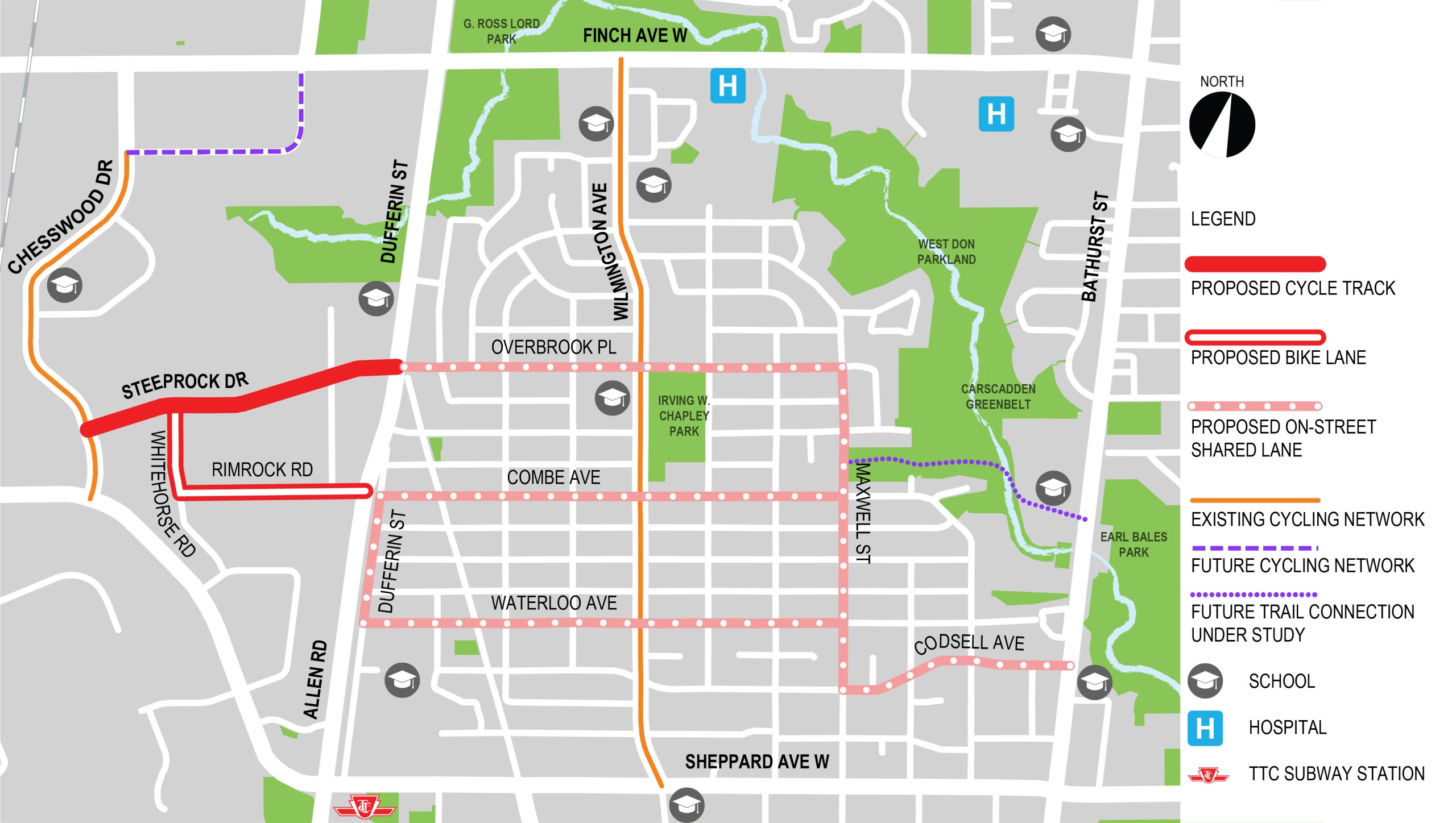 Map showing locations of proposed cycle tracks, bike lanes and on-street shared lane markings, as well as location of existing and approved bikeways on Chesswood Drive and Champagne Drive. Also shows location of a future potential trail connection through the West Don parklands.