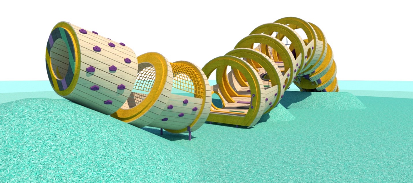 The ‘playhouse’ at the end of the Backbone Slide structure. The Backbone Slide play structure is integrated into three mounds that rise from the ground surface. The colour palette includes vibrant shades of purple, yellow and teal.