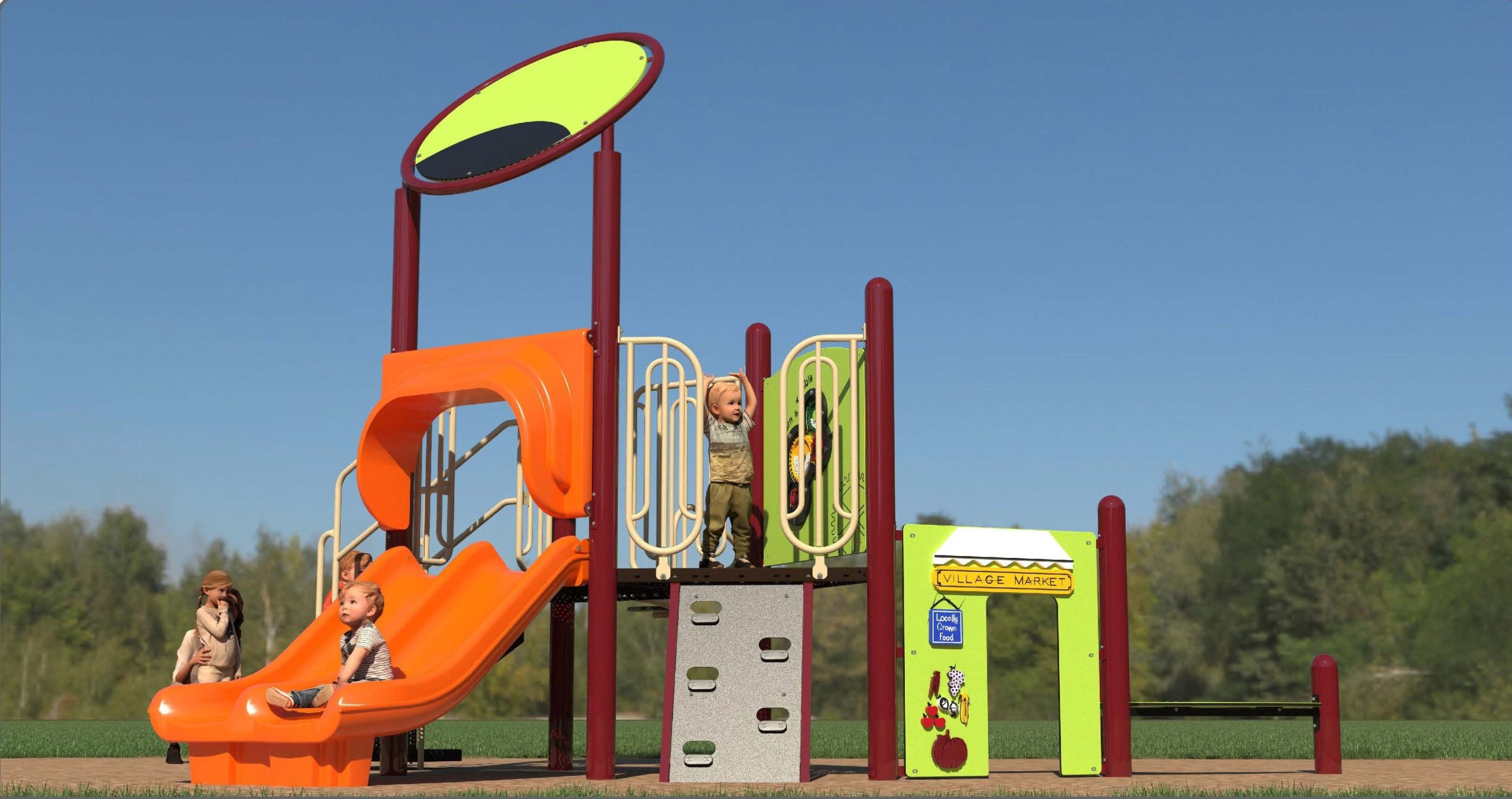 Image of the junior play structure in the final design for the new Bob Acton Park Playground. The play structure includes two slides, climbing features, and sensory play equipment, as well as a balancing beam.