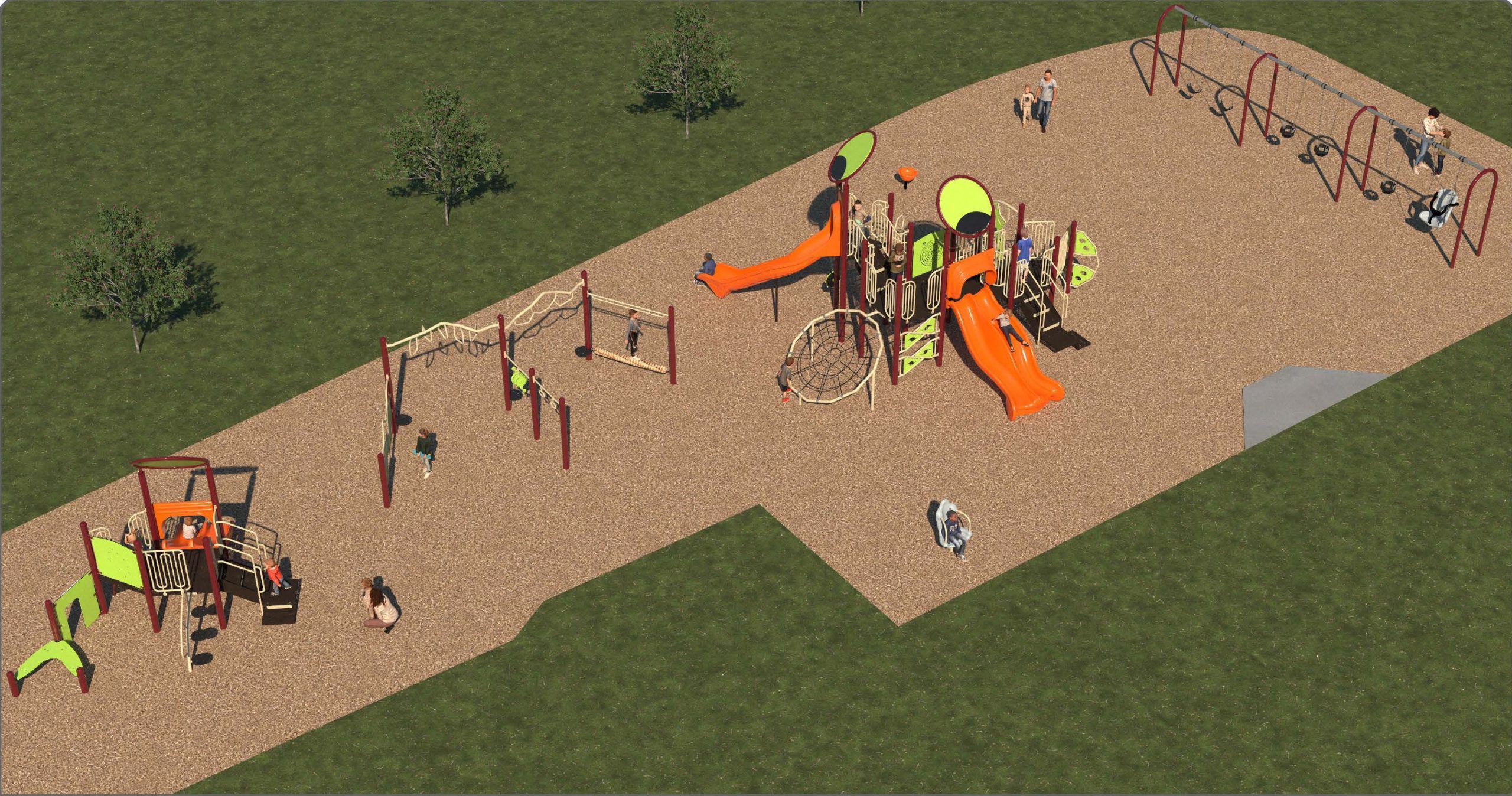 Image of the preferred playground design for Bob Acton Park. The playground will feature four key play structures and two to three additional independent play options (spinners).