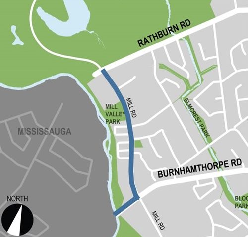 The map identifies the project area which begins at the Burnhamthorpe Bridge on Burnhamthorpe Road and continues on Mill Road from Burnhamthorpe Road to Centennial Park Boulevard and Rathburn Road