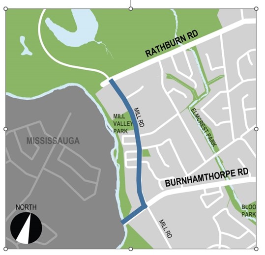 The map identifies the project area which begins at the Burnhamthorpe Bridge on Burnhamthorpe Road and continues on Mill Road from Burnhamthorpe Road to Centennial Park Boulevard and Rathburn Road