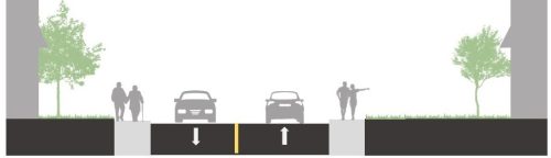 Illustration showing existing lane and sidewalk on Marlee Avenue facing south, with wider vehicular lanes and standard sidewalks on both sides 