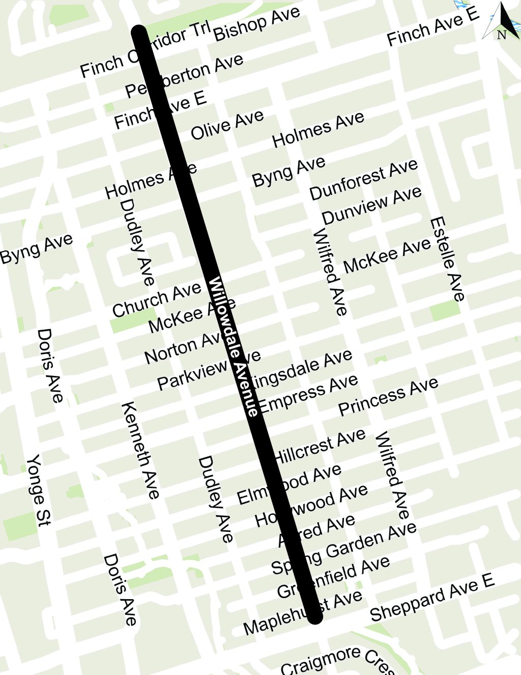 A map of the existing cycle tracks on Willowdale Avenue