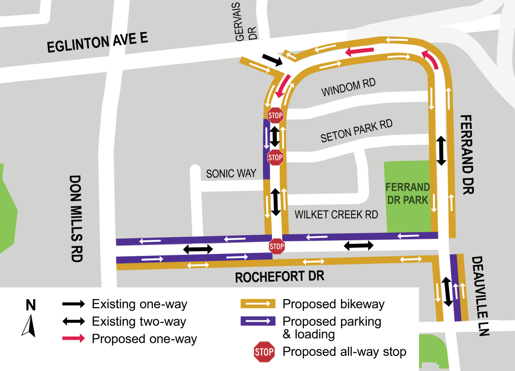 A map highlighting the proposed one-way entry on the Ferrand Drive ramp, with 7 parking spaces maintained on the west segment of Ferrand Drive.