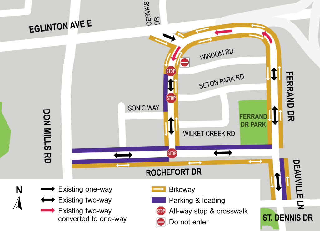A map highlighting the approved one-way entry on the Ferrand Drive ramp, with five parking spaces maintained on the west segment of Ferrand Drive.