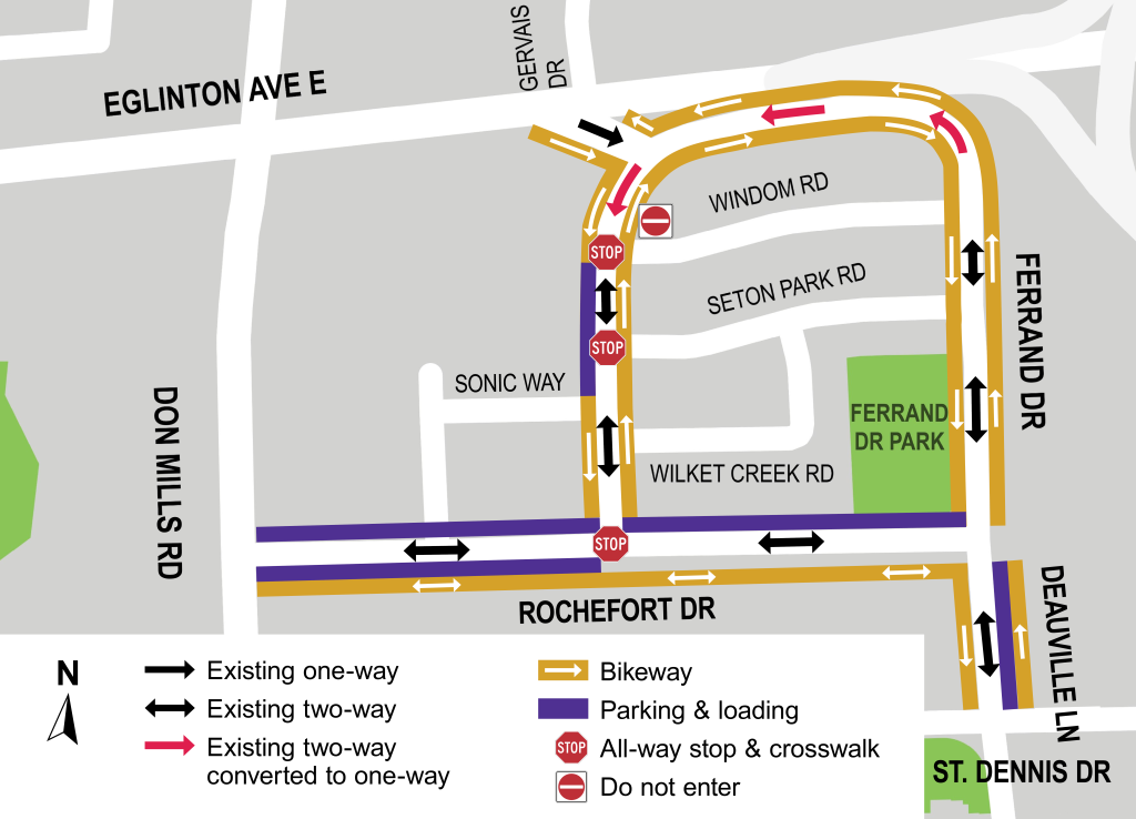 A map highlighting the proposed one-way entry on the Ferrand Drive ramp, with 7 parking spaces maintained on the west segment of Ferrand Drive.