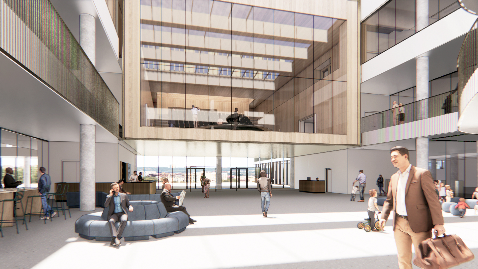 Rendering view of the atrium and Council Chamber inside of the Etobicoke Civic Centre.