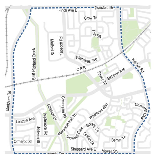 A map of the study area of Malvern West Streets Plan. The study area is bound by Markham Road and Neilson Road going north-south and Finch Avenue East and Sheppard Avenue East going west-east.