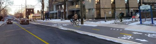 Artist’s Rendering of Marlee Avenue facing south with standard width vehicular lanes, raised bi-directional cycletrack , and sidewalk on the west side of the road 