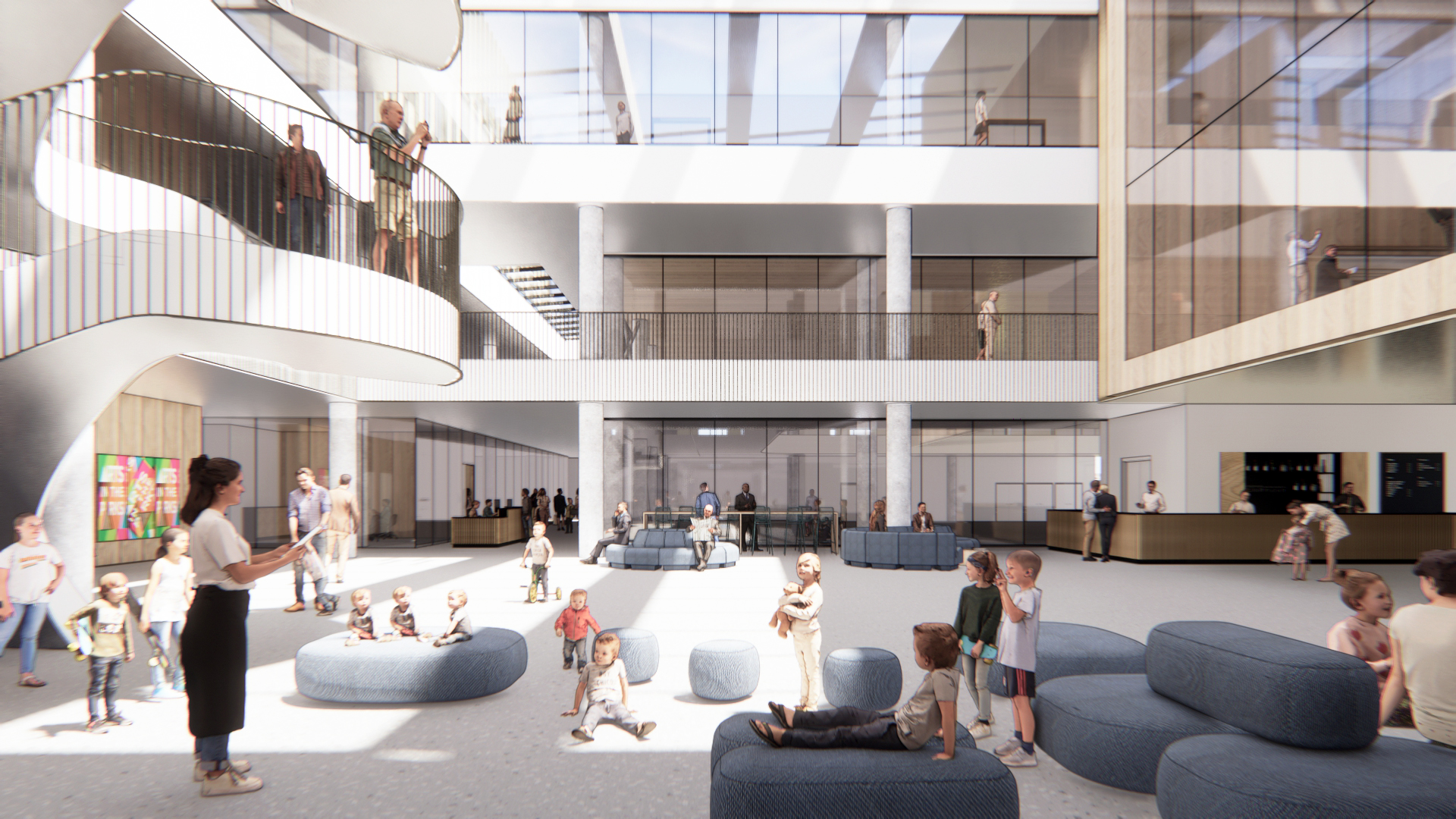 Rendering view of the atrium inside of the Etobicoke Civic Centre.