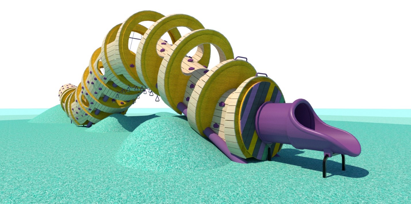 Backbone Slide play feature showing the slide emerging from the curving wood structure. Climbing holds and bars are placed along the outside and beneath the wooden frame. The colour palette includes vibrant shades of purple, yellow and teal.