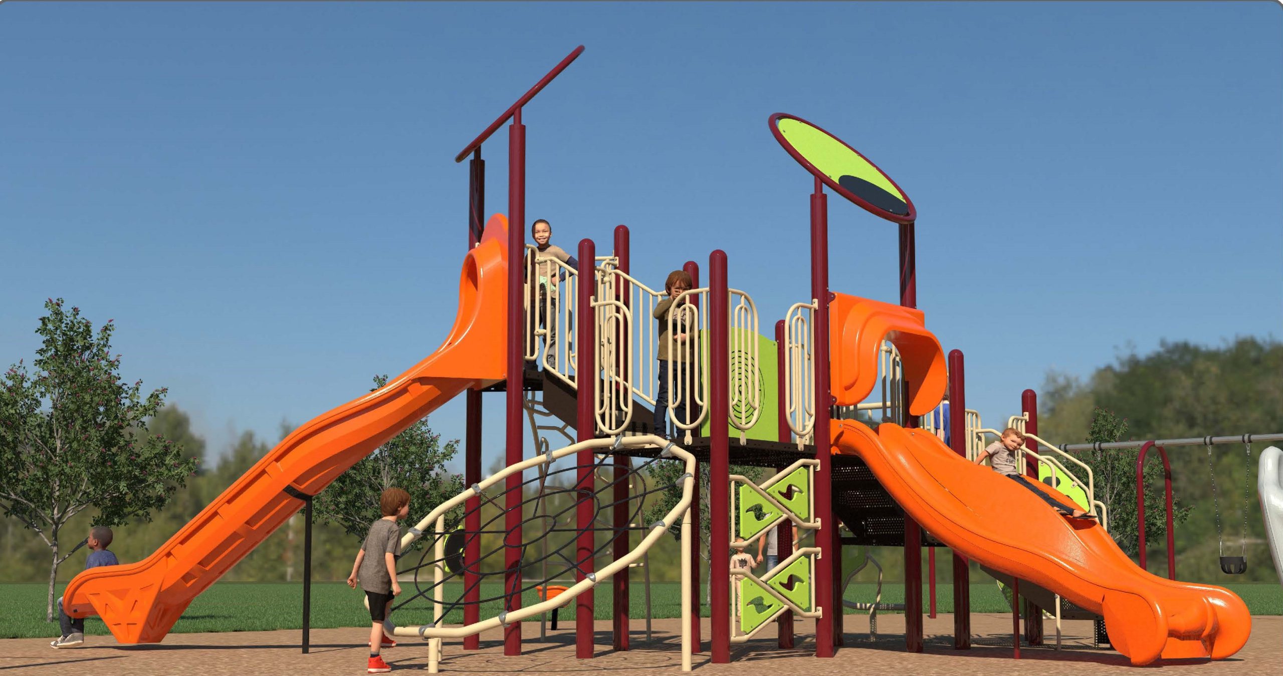 Image of the senior play structure in the final design for the Bob Acton Park Playground. The play structure includes three slides, a climbing features, and sensory play equipment.