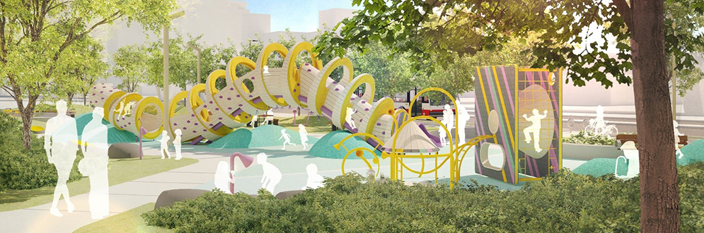 The view from the northwest corner, looking south across the playground. A planted berm with lounge seating and shade trees are shown in the foreground. The playground with the Backbone Slide and Speaker play structures is shown in the background.