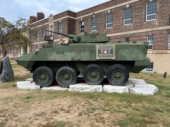 Photo of the Light Armoured Vehicle monument outside Fort York Armouries