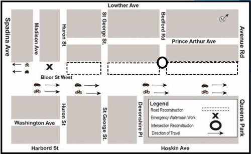 Map of work area along Bloor Street between Avenue Road and Bedford Road. Emergency watermain work between Madison Avenue and Huron Street and sidewalk/intersection reconstruction at Bedford Road and Bloor Street West. Please contact Mark De Miglio at bloorstreetconstruction@toronto.ca or call 416 395 7178 for more information.
