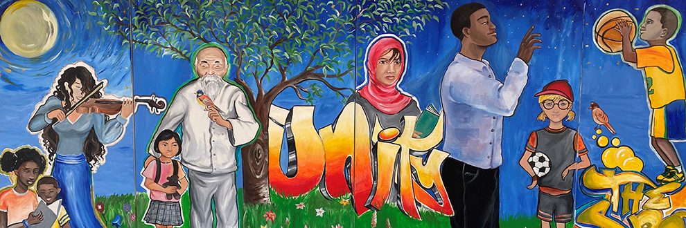 Four wall panels of a mural depicting diverse community members engaging in various activities with a tree in the background and the word Unity in graffiti style lettering.