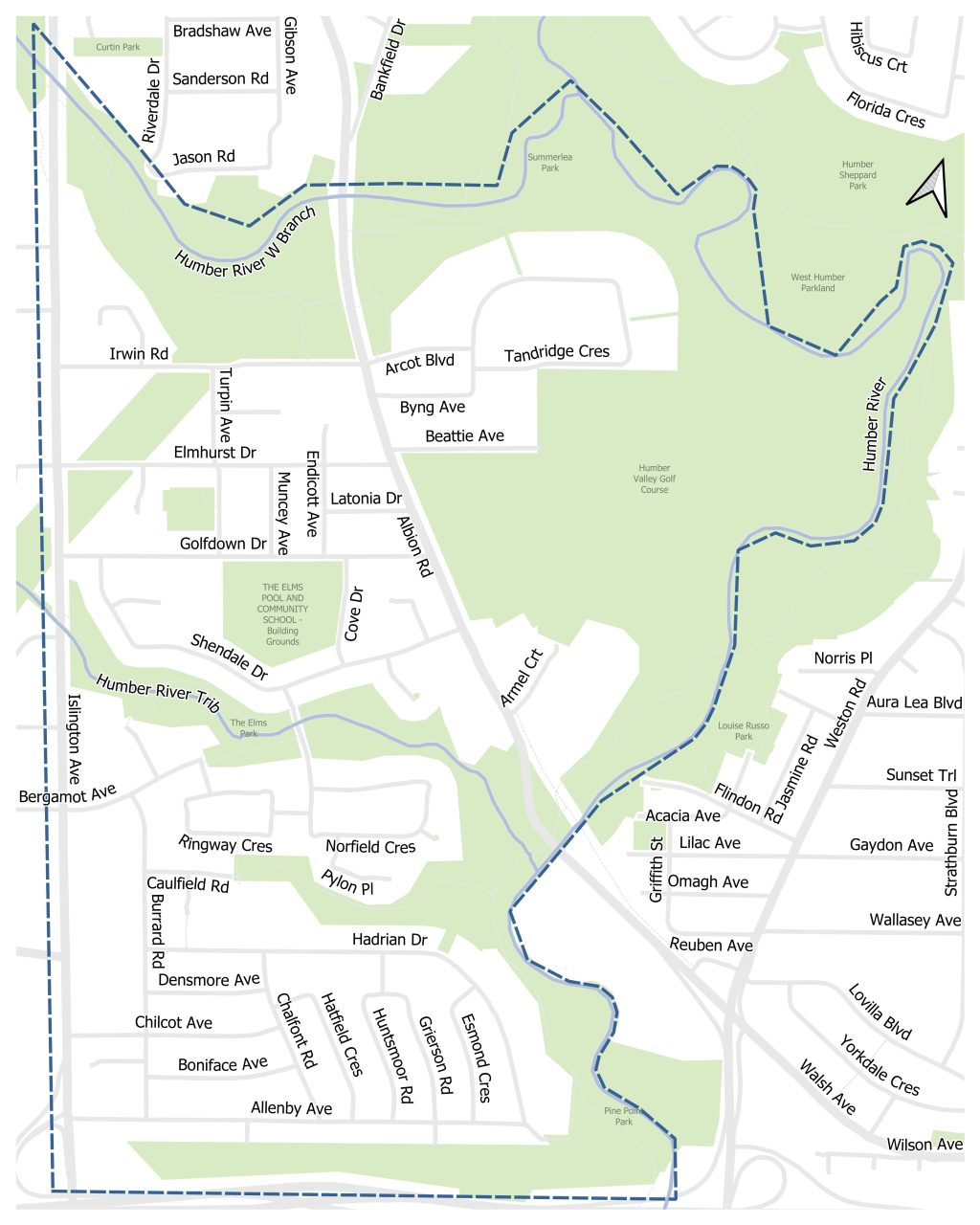 The project area for the Elms-Old Rexdale Streets Plan project is bounded by the Humber River to the the east and north, Islington Avenute to the west and Hwy. 401 to the south.