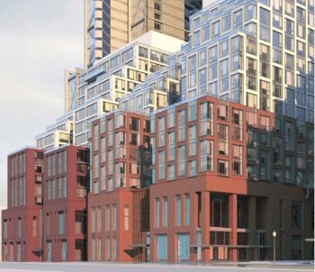 Condo building that is red on the bottom, and white ontop, with 13 storeys, 171 residential condominium suites.