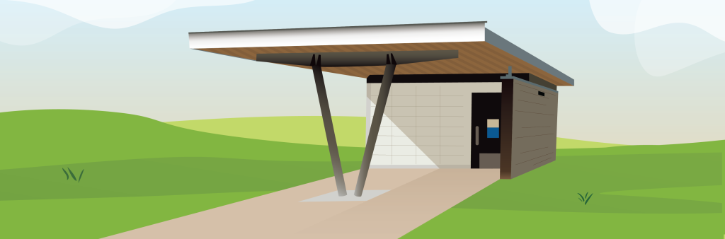 Illustration of a washroom facility showing a small building surrounded by grass.