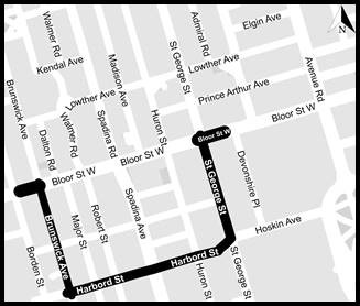 Map showing detour cycling route along Brunswick Avenue, Harbord Street/Hoskin Avenue, and St George Street as detour routes during construction. Please contact Mark De Miglio at 416 395 7178 or mark.demiglio@toronto.ca for more information.