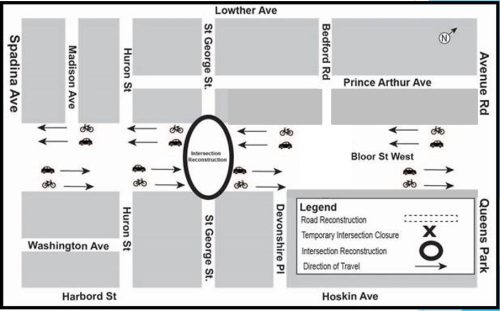 Map of work area along Bloor Street at St George Street intersection. Please contact Mark De Miglio at bloorstreetconstruction@toronto.ca or call 416 395 7178 for more information.