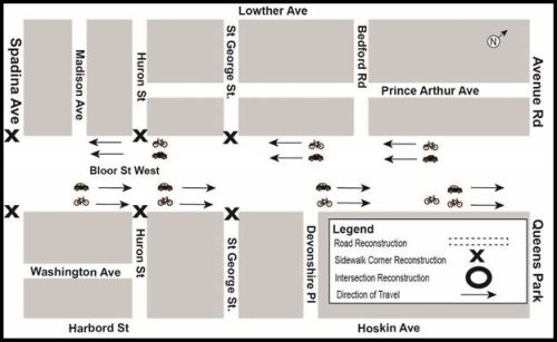 Map of work area along Bloor Street between Spadina Avenue and St George Street. Please contact Mark De Miglio at bloorstreetconstruction@toronto.ca or call 416 395 7178 for more information.