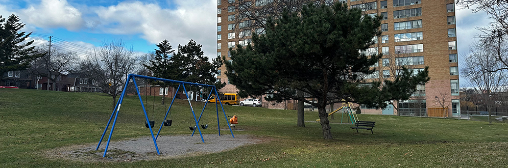 Riverlea Park showing the swingset surrounding my grass and a large tree in the foreground, and a stand-alone slide and apartment building in the background.