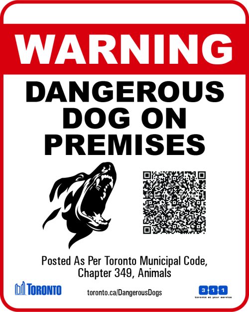 Dangerous dog warning sign with picture of dog next to a QR code