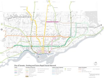 A detailed map of the City of Toronto and neighbouring towns and cities depicting existing and future rapid transit network plans including subways, light rail, bus rapid and heavy rail transit lines. The map displays lines and stations, as well as transit hubs, that are existing, under procurement and construction, preliminary design and in development as of 2024.