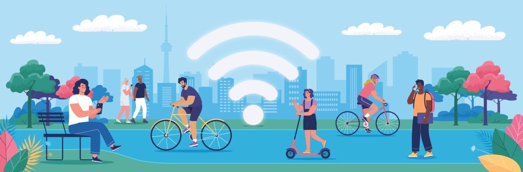 Graphic of people on their wi-fi connected devices out enjoying a day in the city. Biking, walking, sitting on a bench. City in the background.