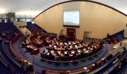 Interior of Council Chamber with two semi circle sections. The inner *Council chamber diagram (PDF) Last updated: November 2012 Toronto City Council Chamber is arranged in two sections of a semi circles. The outer section is theatre-style seating. The inner section is desks with computer monitors.
