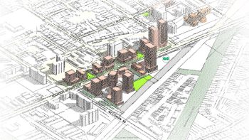 Image showing the Eglinton GO Area with potential redevelopment displayed in 3D including towers, mid-rise buildings and parks and open spaces. 