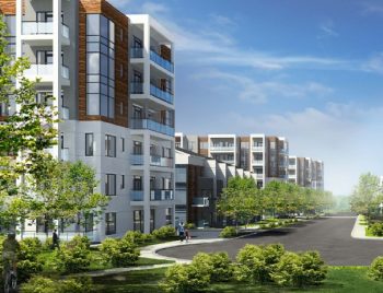 Modern white and brown condominium suites and townhomes ranging from heights of 3 to 6 storeys, with a total of 244 units. 