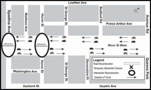 Map of work area along Bloor Street between Spadina Avenue and Huron Street. Please contact Mark De Miglio at bloorstreetconstruction@toronto.ca or call 416 395 7178 for more information.