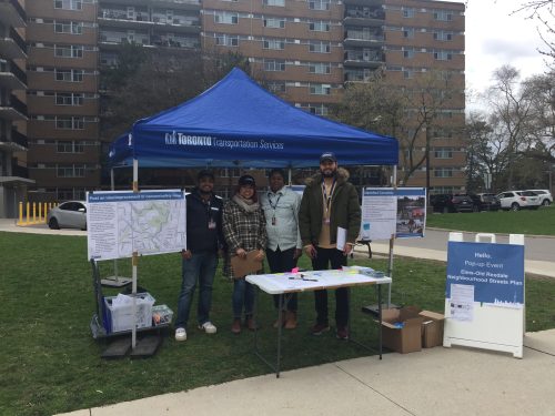 Staff hosted at pop-up tent on April 18, 2024 in front of 75 Tandridge Cres. to introduce the Elms-Old Rexdale Streets Plan.