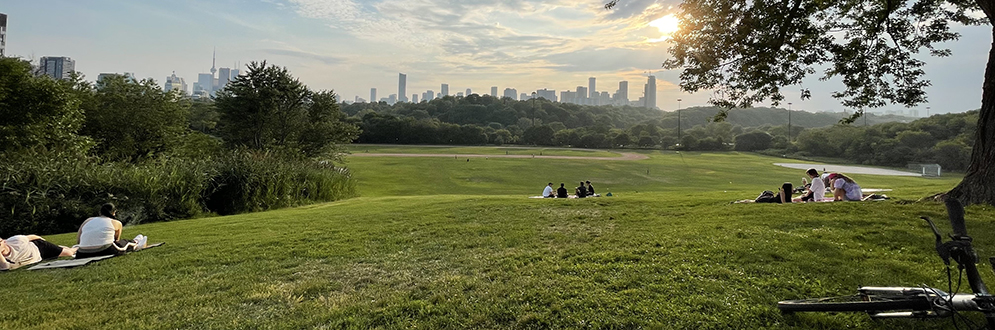 Photo of Riverdale Park East taken from the open lawn area at the top of the hill overlooking the park, showing the city skyline in the background during sunset.