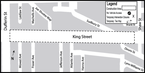 Map of work area along King Street West between Dufferin Street and Shaw Street. Please contact Mark De Miglio at 416 395 7178 or mark.demiglio@toronto.ca for more information.
