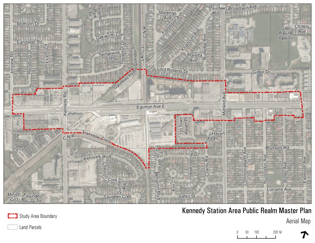 Aerial map with the study boundary outlined in red dashes. The study area is generally bounded by the Mixed Use Areas along Eglinton Avenue East from Ionview Road to Falmouth Avenue.