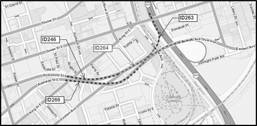 Map showing the locations of the Eastern Avenue Bridge, Richmond Street East over King Street Bridge, Adelaide Street East over King Street Bridge, and the Don Valley Parkway Ramp over the Don River