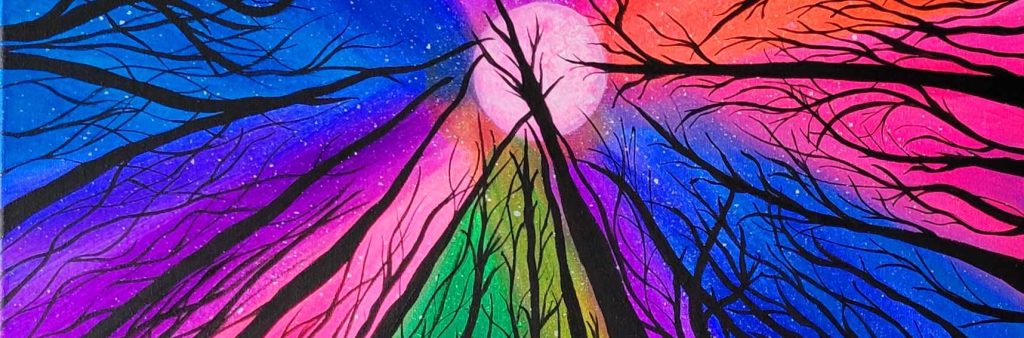Artwork of moon and multicoloured trees.