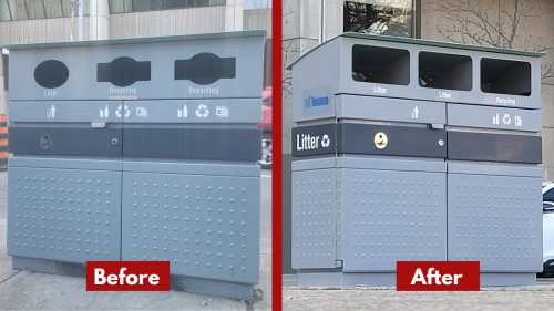 Enhanced street litter bin. Before version has smaller opening and the after version has wider opening and stronger doors.