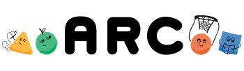 The letters A, R, and C are flanked by illustrations, from left: a yellow triangle with arms holding a pencil, a green apple smiling, an orange circle with arms holding a basketball net and a blue square holding a book. 