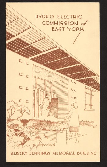 Image depicts cover of event programme featuring line drawing of municipal building
