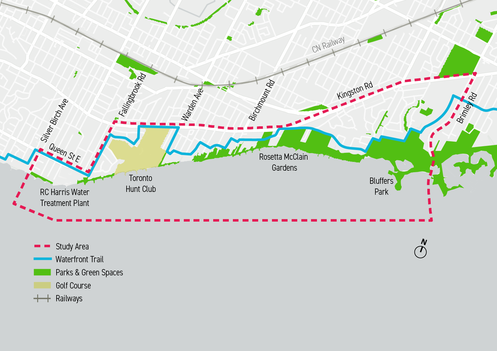 Map showing boundaries of the study area, as well as the alignment of the Waterfront Trail and locations of major parks and green spaces.