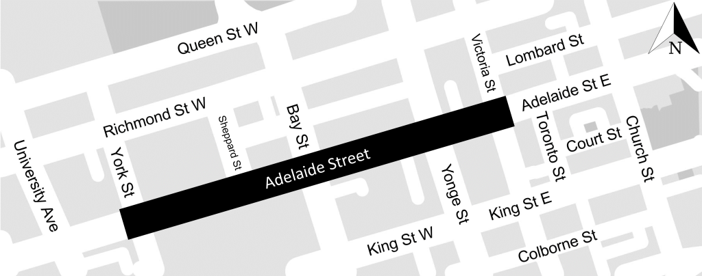 Map of main work zone on Adelaide Street from York Street to Victoria Street. 