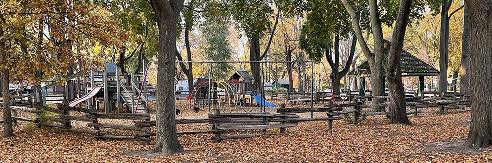 Dufferin Grove Park Playground during the fall showing the playground surrounded by a low wood fence and tall mature trees.