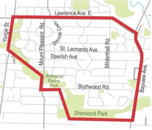 Neighbourhood map for Lawrence Park study area. Lawrence Avenue on the north, Bayview Avenue on the east, the Sherwood Park and Lawrence Park Ravine network to the south and Yonge Street on the west.