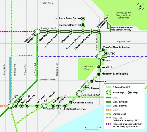 Image of the Eglinton East Light Rail Transit alignment along Eglinton Avenue East, Kingston Road, Military Trail, Morningside Avenue, and Sheppard Avenue East with the Neilson Road spur line 