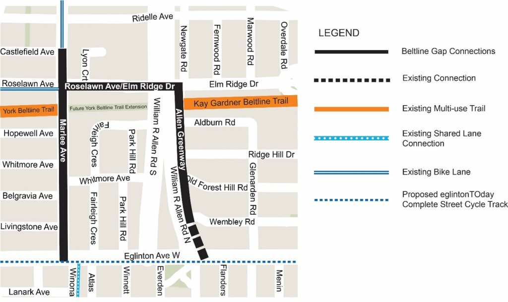 Beltline Gap Connections Project Area north of the Eglinton Avenue and Allen intersection, proposed connections along the Allen Greenway, Roselawn Avenue/ Elm Ridge Drive, and Marlee Avenue 